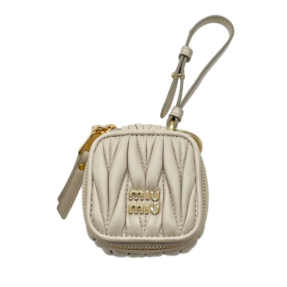 Miu Miu Miu Trick Logo Cube Shape Bag Charm Keychain Matelassé 5TL527 Leather...